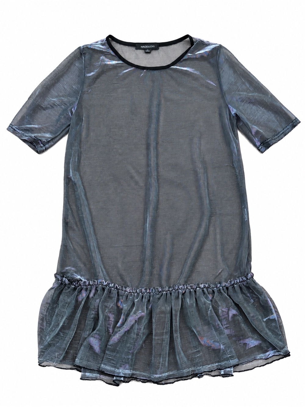 Sheer Metallic Mesh Drop-Waist Ruffle Dress – Charcoal / silver iridescent